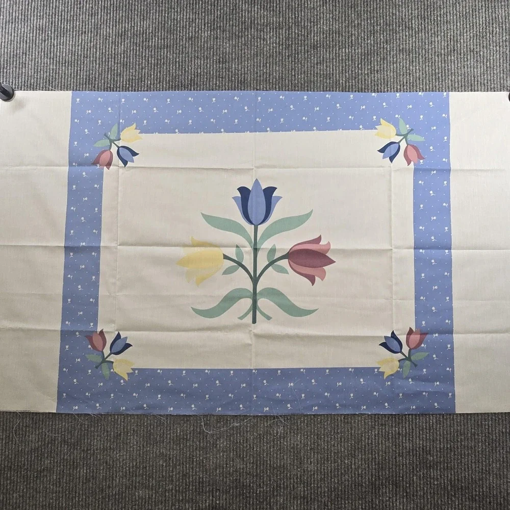 Vintage Cheater Quilt Fabric Panel Tulip Floral Cotton Quilt Blue Border Pastel